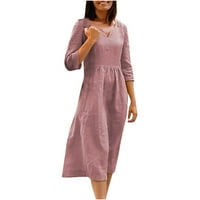 Ženska pamučna haljina dužine čaja, jednobojna pametna ležerna udobna modna jesenska haljina za odmor s dugim rukavima, u obliku