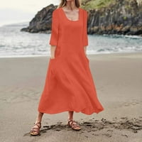 Održiva ženska modna ležerna jednobojna haljina s rukavima od pamuka i lana s narančastim džepom od 2 inča