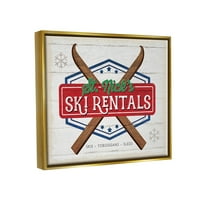 Stupell Industries St. Nick's Ski Renals Vintage Graphic Art Metallic Gold Plutajući uokvireno platno Umjetnost printana, dizajn