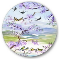 DesignArt 'ptice koje sjede na grani trešnje' Tradicionalni krug metal zidne umjetnosti - disk od 36