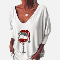Modna jesensko-zimska Nova Božićna majica s izrezom u obliku slova U i čašom za vino s dugim rukavima za božićne kostime - bijela