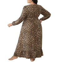 Ženske elegantne višebojne haljine A kroja s izrezom u obliku slova U u obliku slova U i dugim rukavima Plus veličine s leopard printom