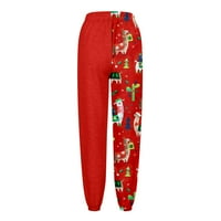 Ženske modne ženske casual hlače s božićnim printom, elastični pojas, hlače s džepovima, Ženske hlače u Svijetlocrvenoj boji