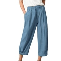 ženske široke ljetne hlače s džepovima ravne Pamučne i lanene Ležerne široke duge hlače visokog struka s elastičnim pojasom plave