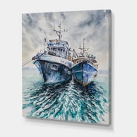 Dizajnerska umjetnost plavi ribarski brodovi prije oluje usidreni nautički i obalni otisak na platnu za zidnu umjetnost
