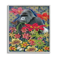 Stupell Industries Gorilla koja stoji iza tropskih cvjetnih geometrijskih uzorka siva uokvirena, 20, dizajn Sangita Bachelet