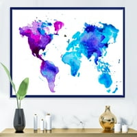Dizajnerska umjetnost plava i ljubičasta karta svijeta moderni zidni otisak na uokvirenom platnu