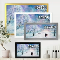 Zaljubljeni par hoda u snježnoj zimi uokvirena slika umjetnički tisak na platnu