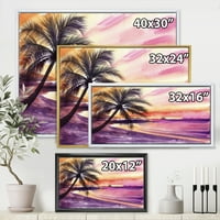 DesignArt 'Purple and Pink Palm Beach Sunset' nautička i obalna uokvirena platna zidna umjetnička tiska