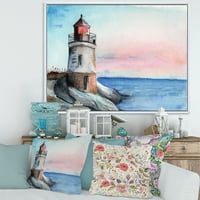 DesignArt 'Svjetionik na stijeni u zoru' nautički i obalni uokvireni platno zidni art print