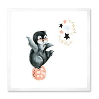 Dizajnerski print Mali pingvin s planetima i zvijezdama iz Aucklanda uokviren seoskom kućom