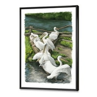 Pelikani koji se odmaraju u blizini riječne vode uokvirene slikama Slikarstvo platno umjetnički tisak